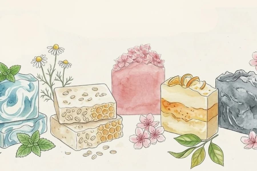 Handmade soap bars with chamomile, oats, cherry blossom and charcoal